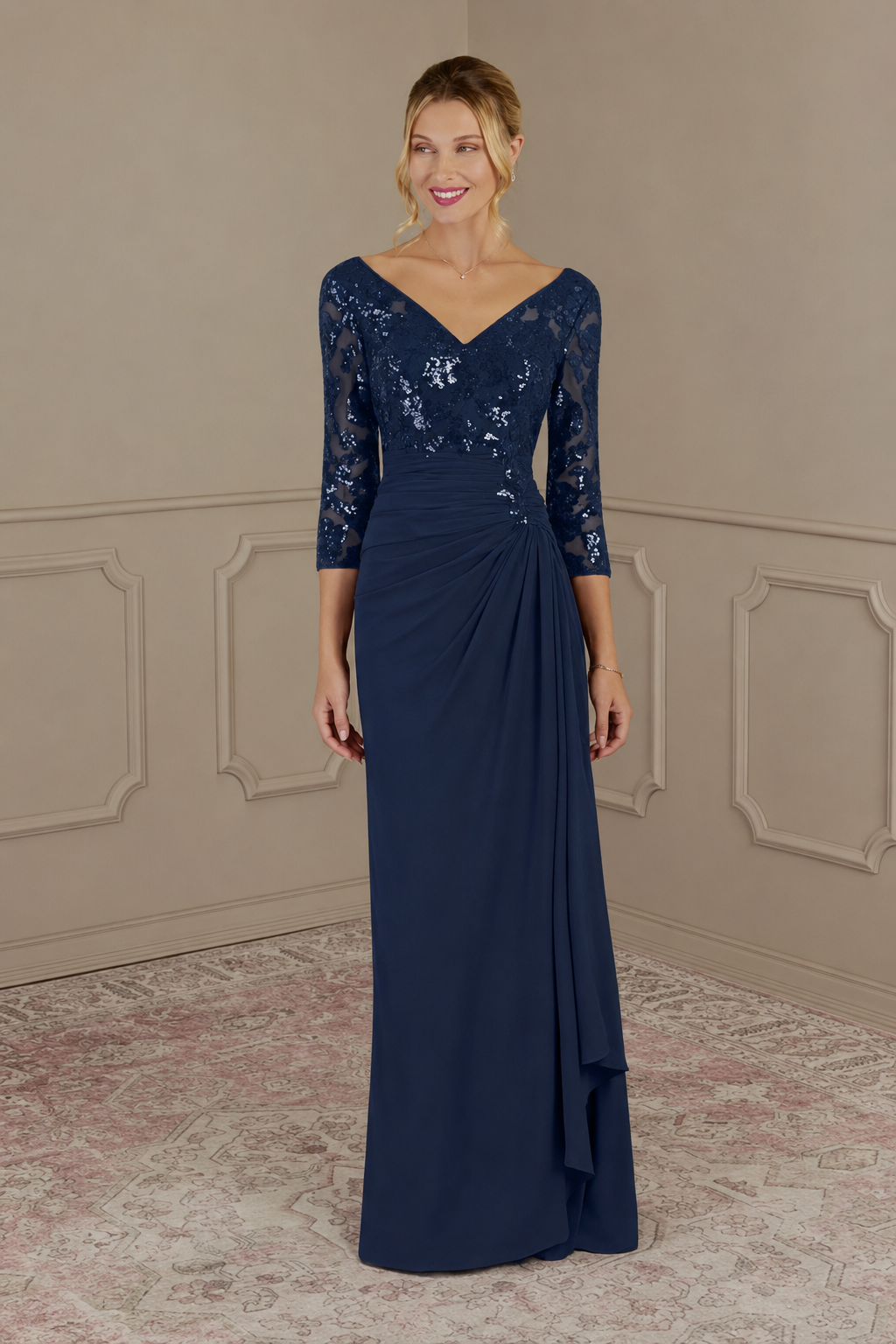 Vestido largo azul marino con encaje y lentejuelas